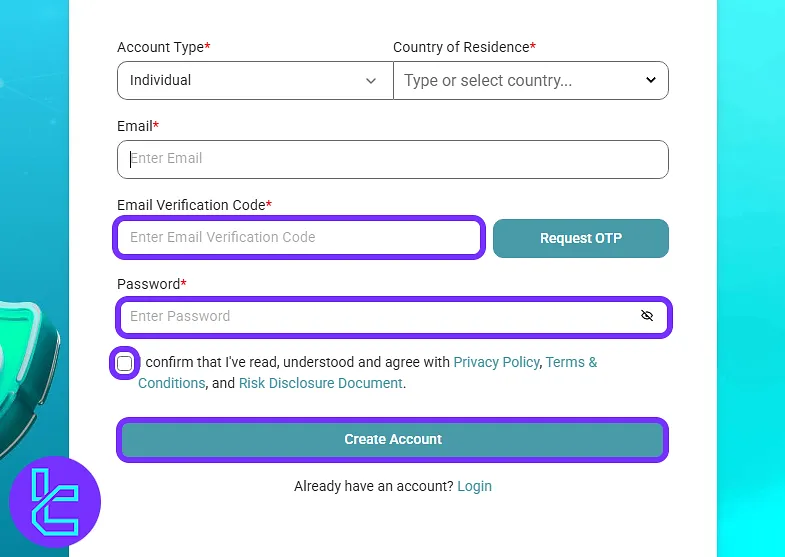 Email code submission and password entry for Lirunex account creation