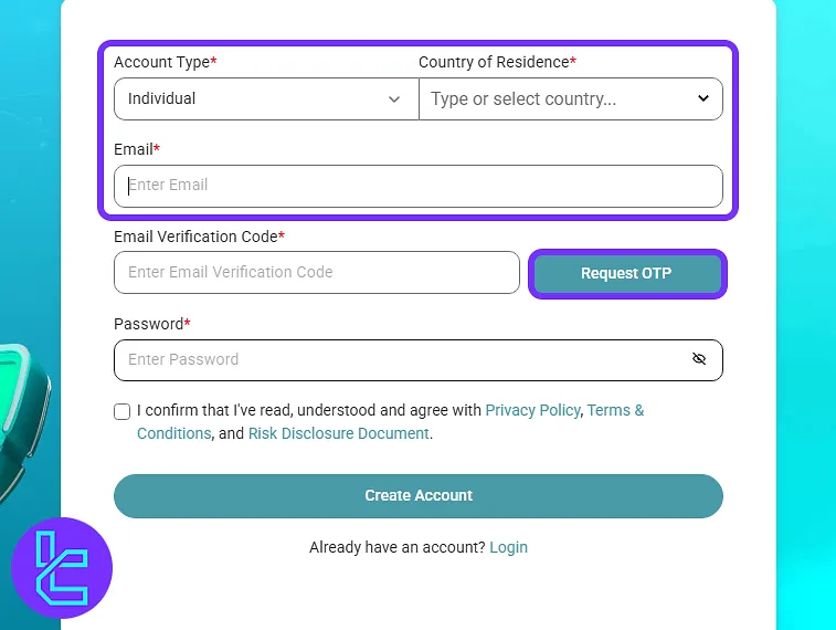 Lirunex account creation form requesting email and country selection