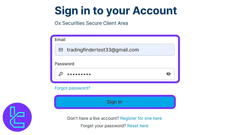 OX login interface with email and password fields after signing up