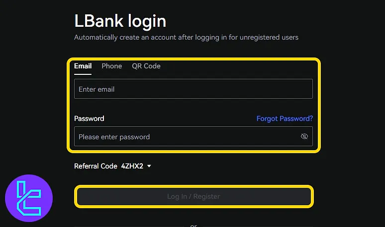 Sign-up form with fields for email and password on LBank