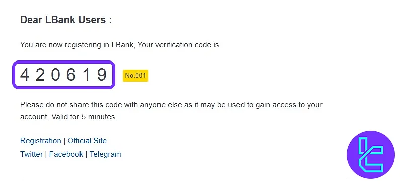 Verification email with one-time code to complete the LBank account setup