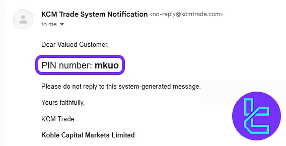KCM Trade system email with PIN for account confirmation