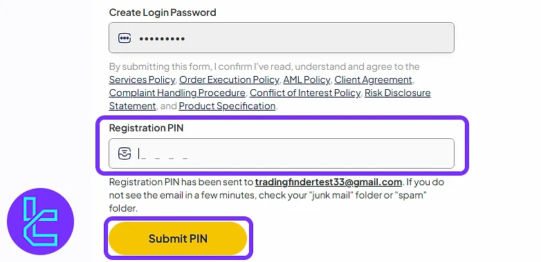 KCM Trade PIN input screen to finalize the account setup