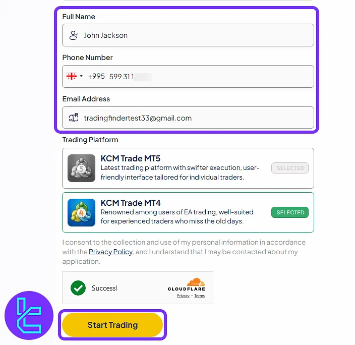 KCM Trade account setup form with personal info and platform selection