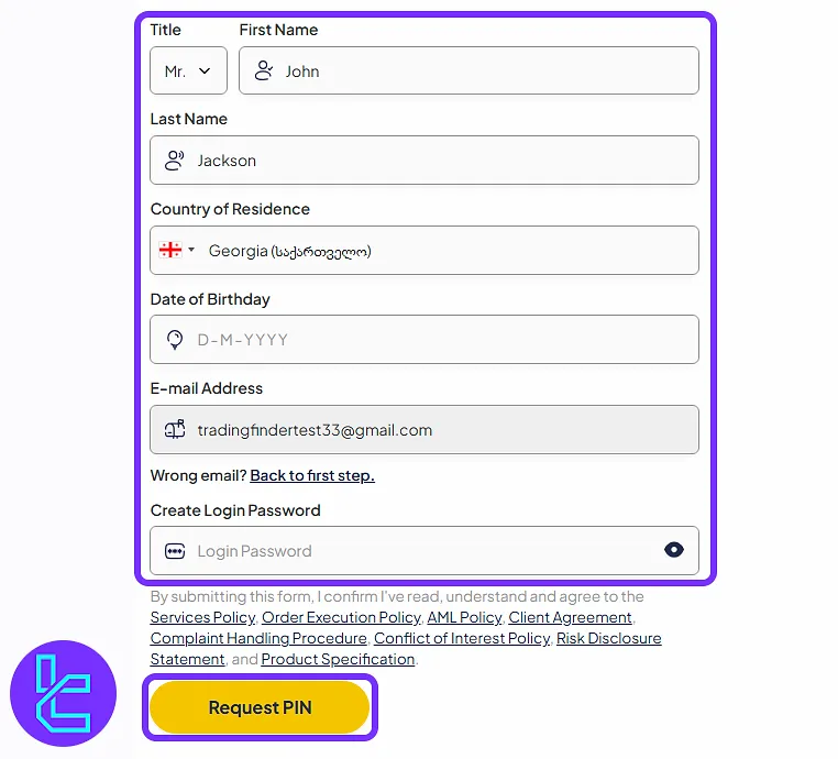 KCM Trade personal data entry and secure password setup in the sign-up process