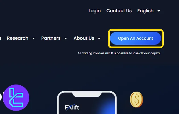 FXlift homepage with the open account option interface