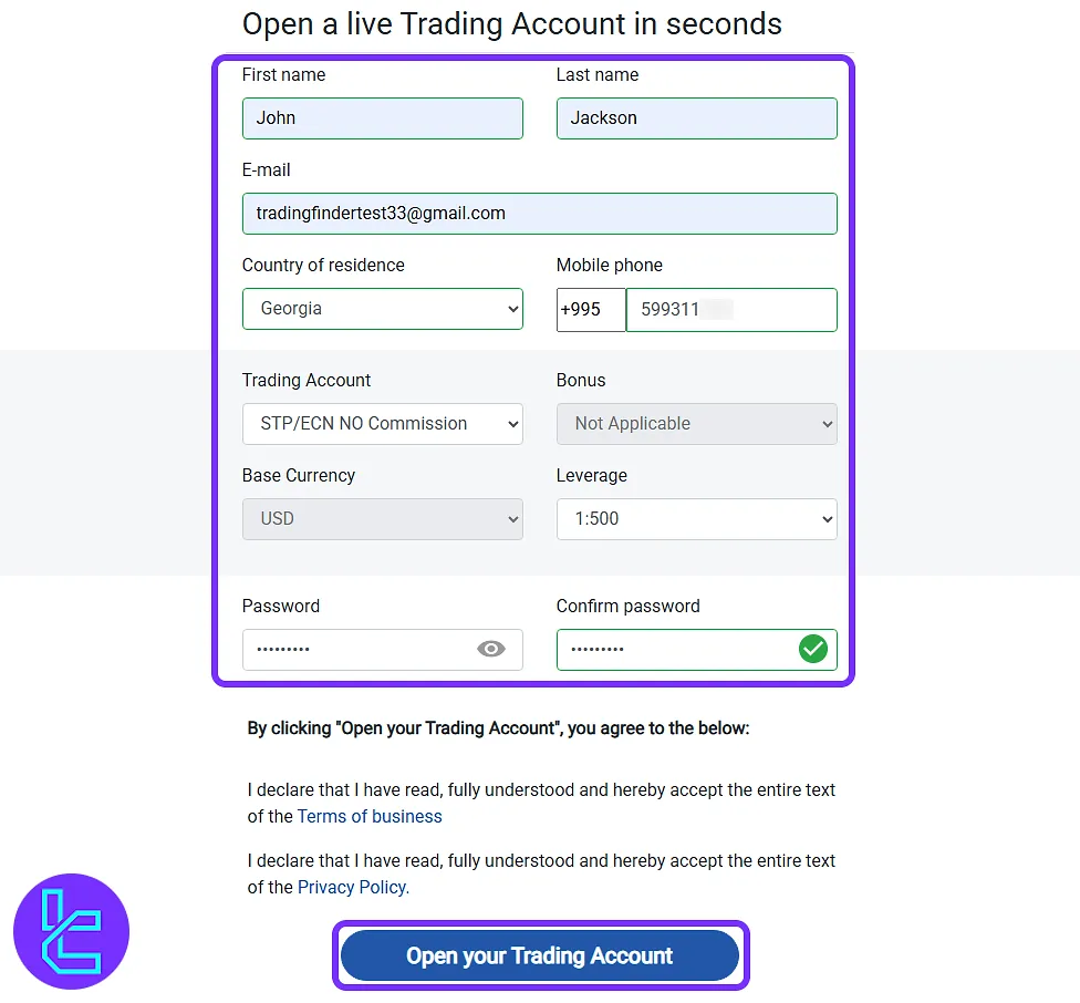 FXlift account setup form with the personal and trading details