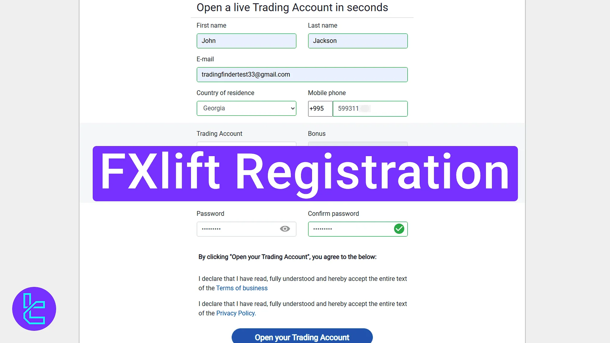 FXLift live trading account setup process