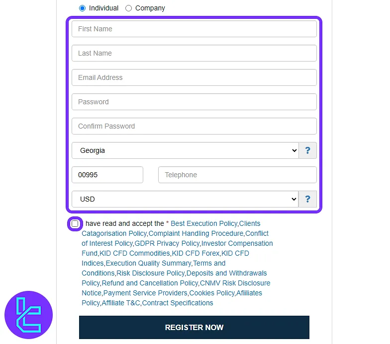 IMS Markets sign-up form requesting user credentials and account information