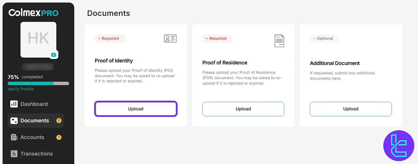 Identity document upload option in the Colmex Pro dashboard