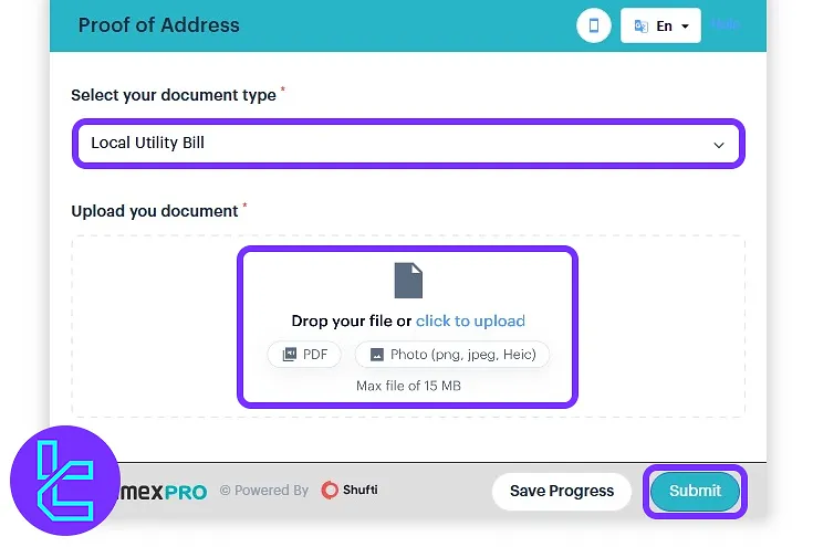 Address proof document upload in the Colmex Pro account verification process