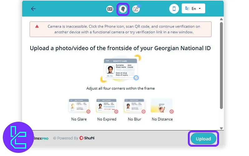 Document type selection and face scan in the Colmex Pro KYC process