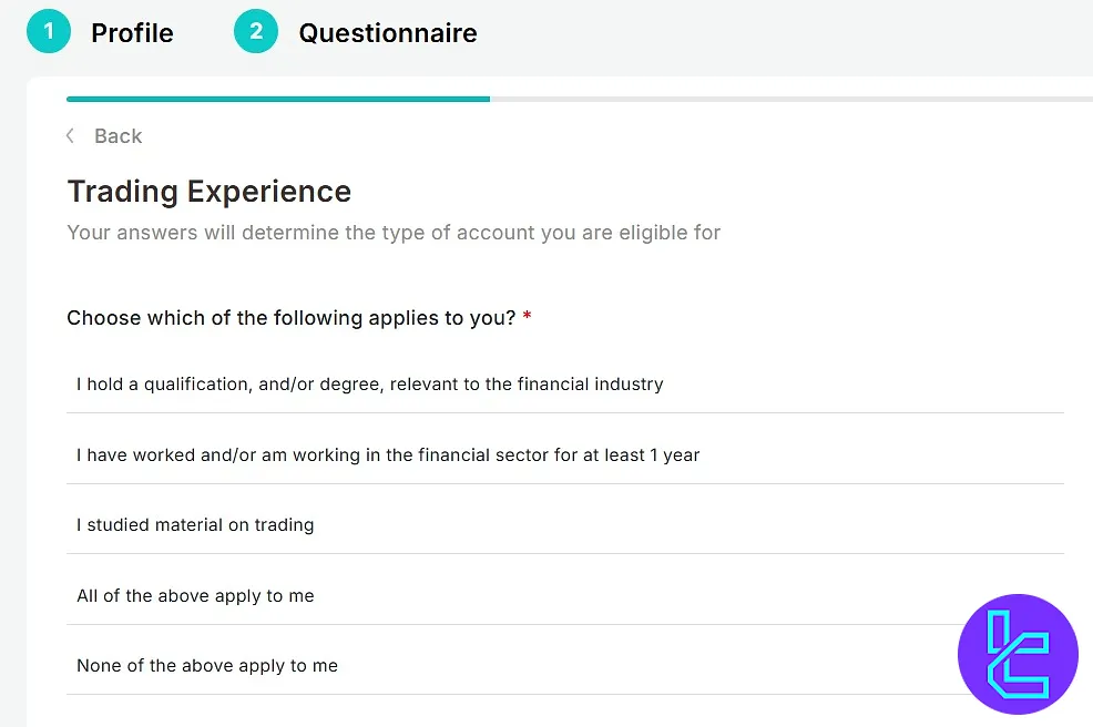 Trading experience questionnaire during the Colmex Pro account approval