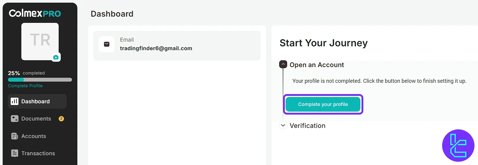 Colmex Pro profile completion prompt from the dashboard to start the KYC process