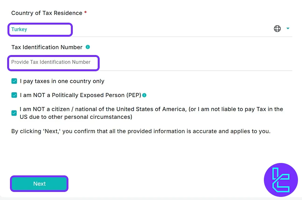 Colmex Pro tax information submission form in the verification process
