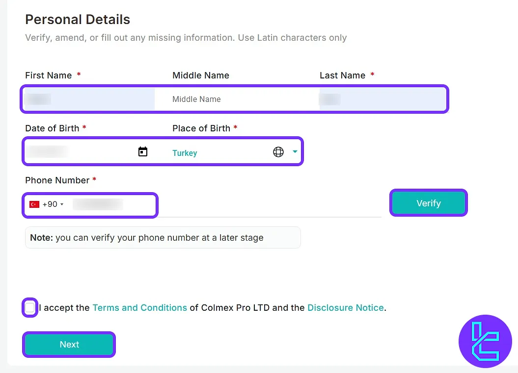 Colmex Pro personal details entry form in the KYC process