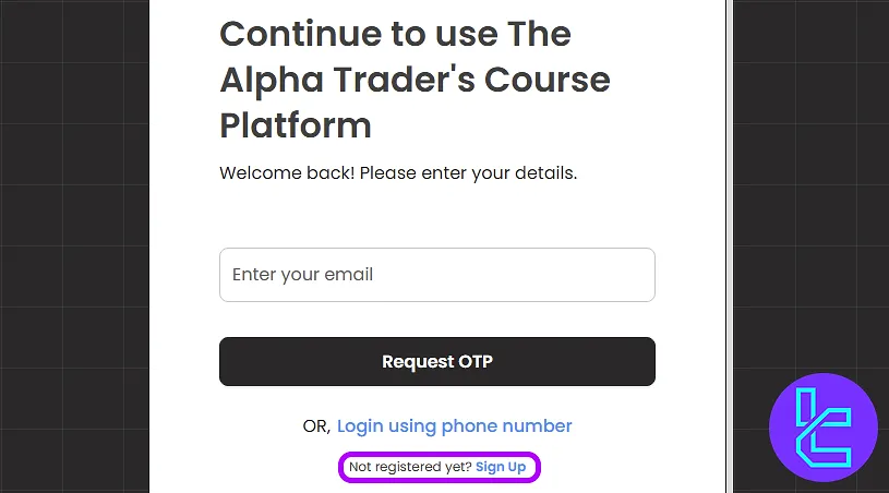 Alpha Trader sign-up form