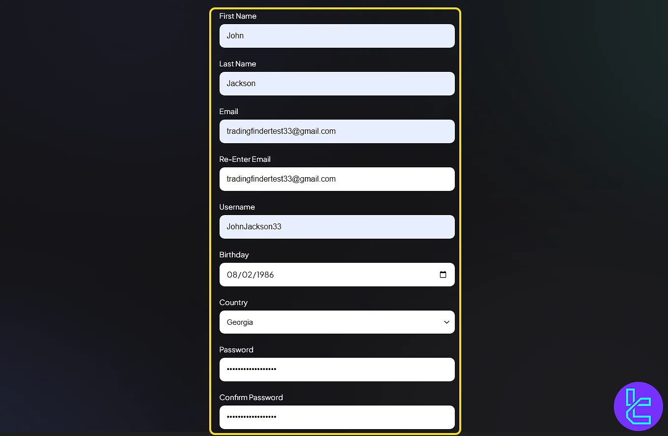 Input fields for FXIFY account creation