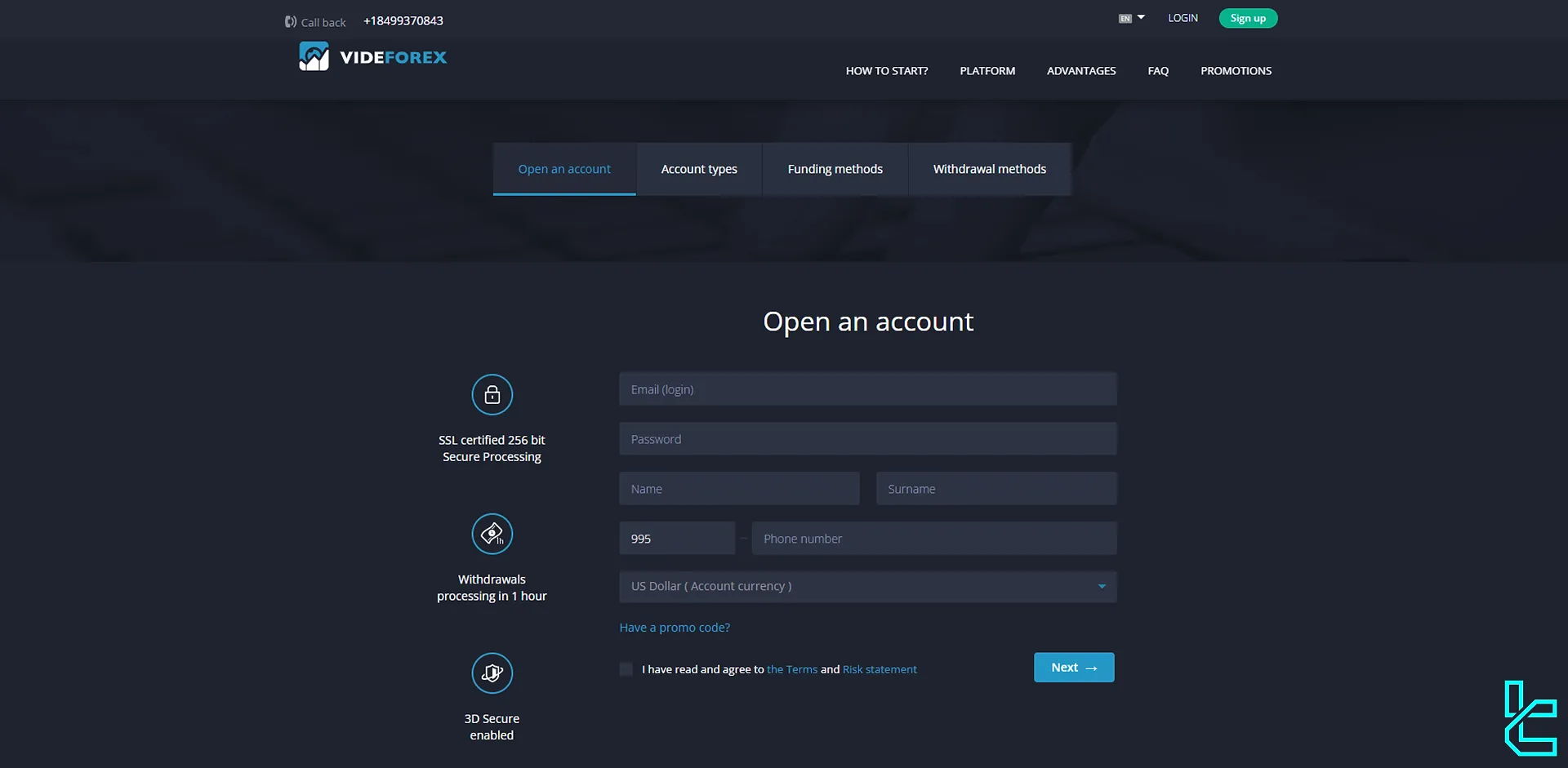 VideForex registration form