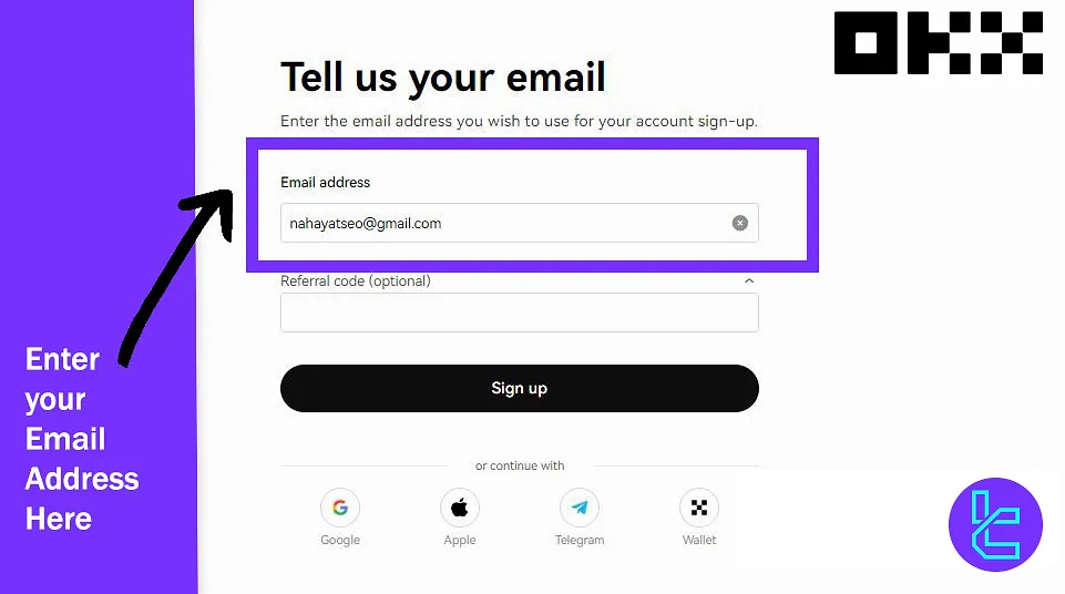 Enter email on OKX