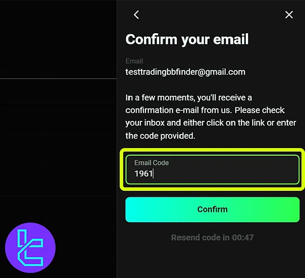 Inserting the OlympTrade email verification code
