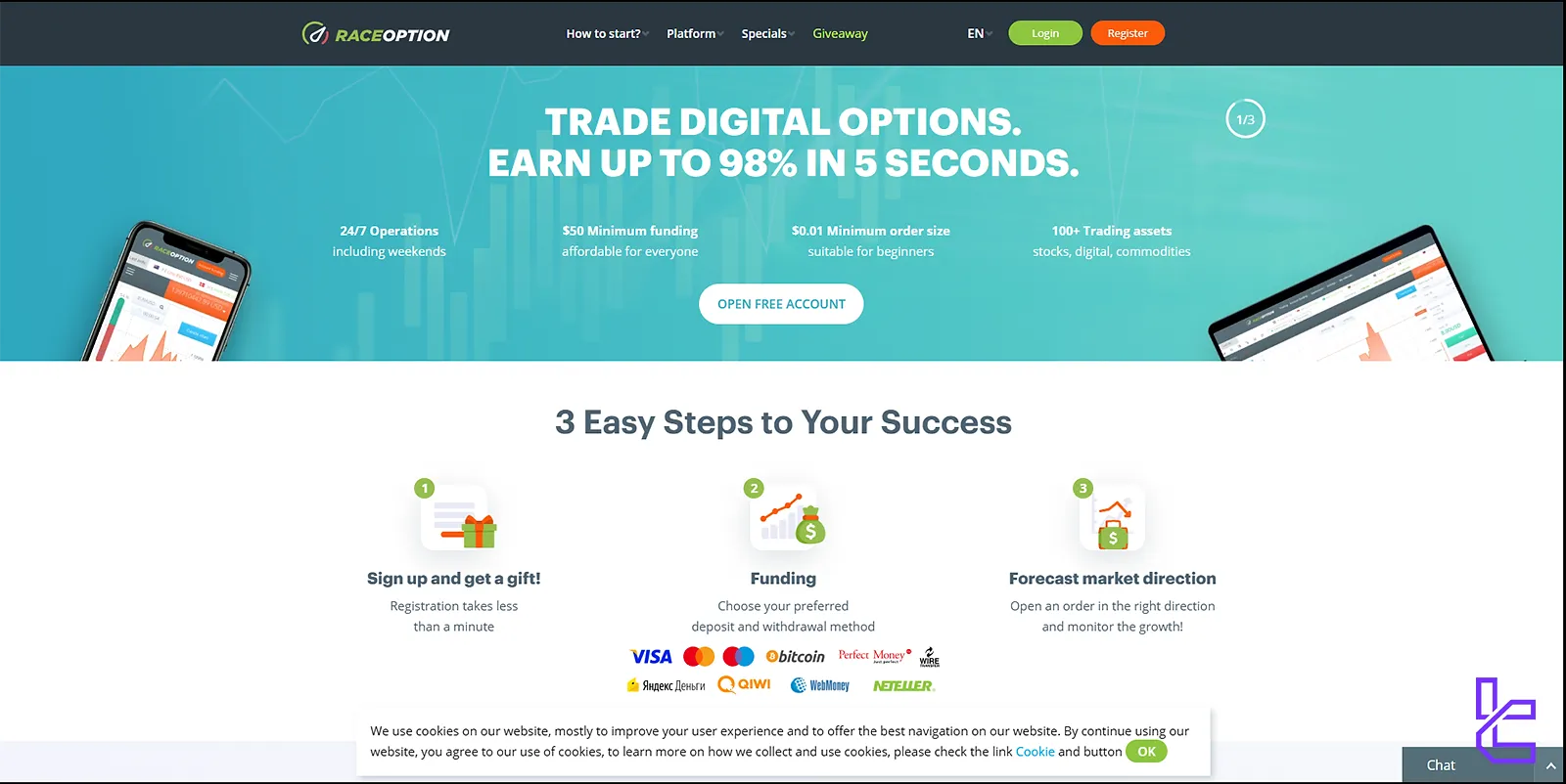 Clicking on the Registration button on the raceOption broker