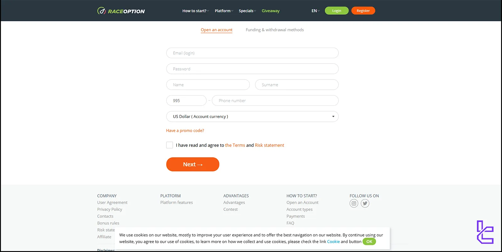 RaceOption registration form