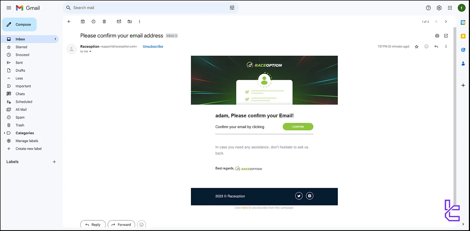 Confirming the email address during RaceOption signn-u[