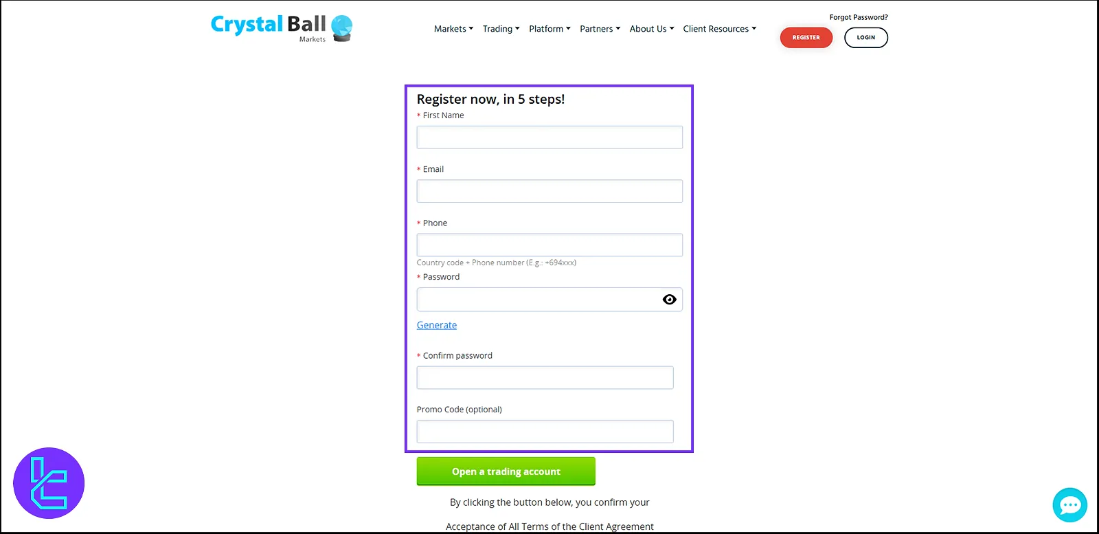 Crystal Ball Markets registration form
