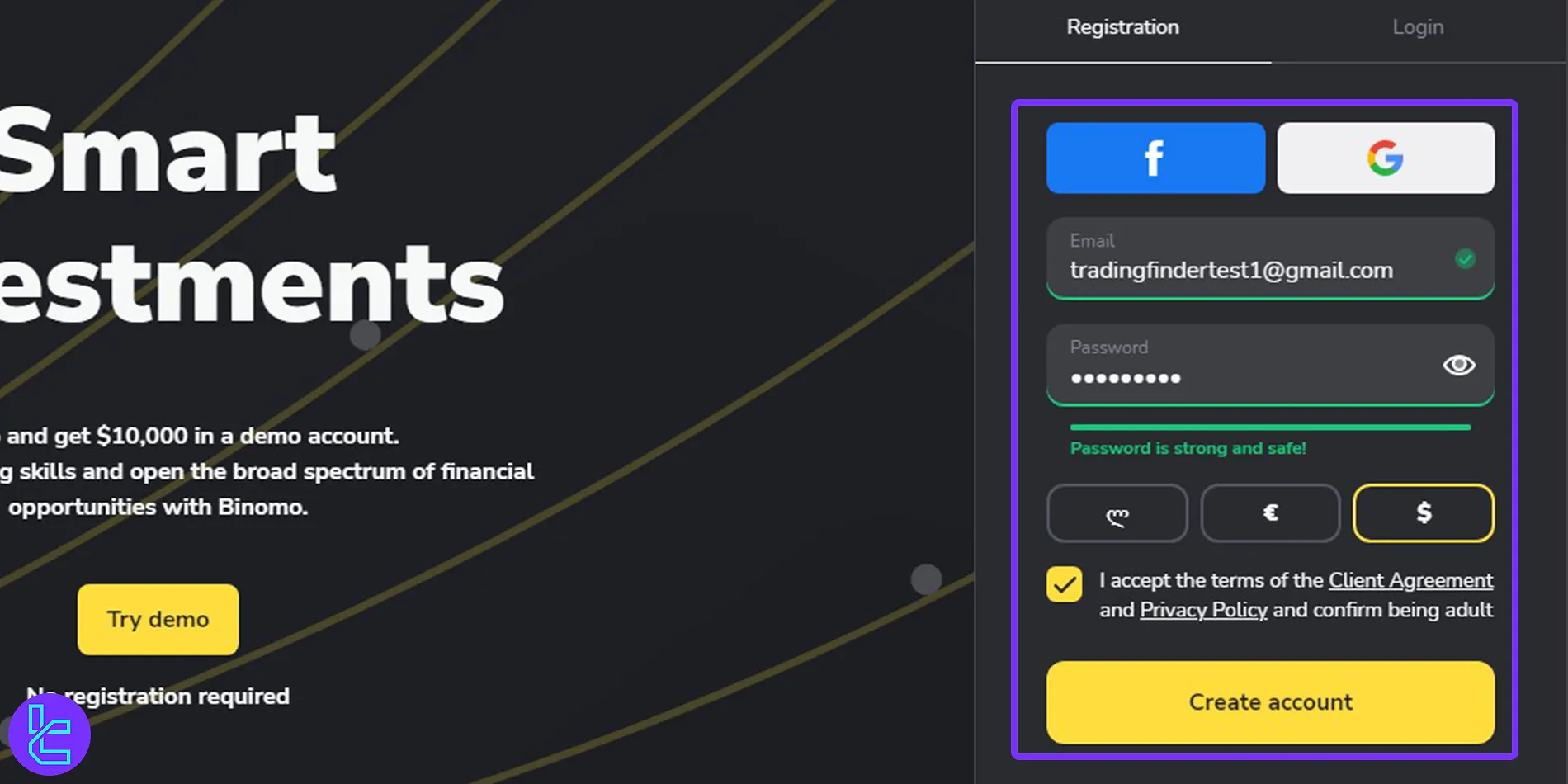 Binomo registration form