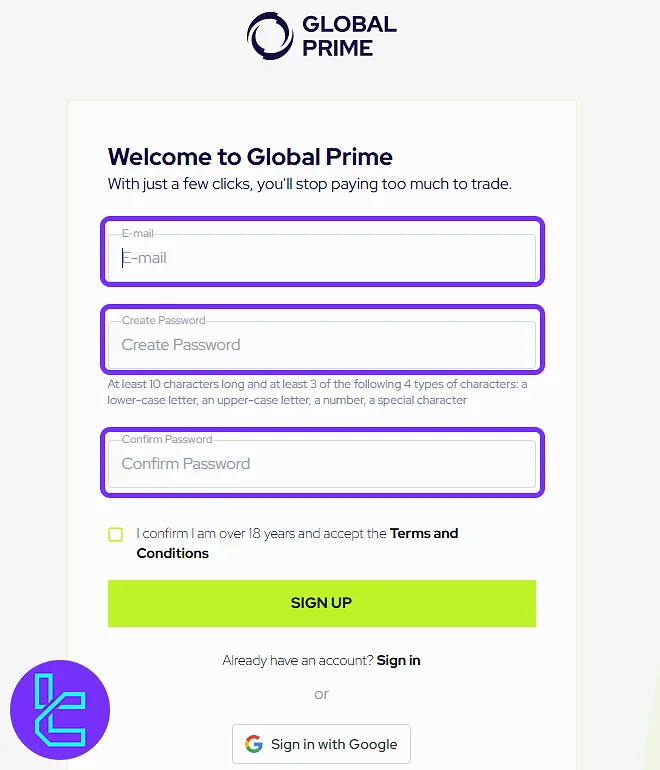 Global Prime sign up form