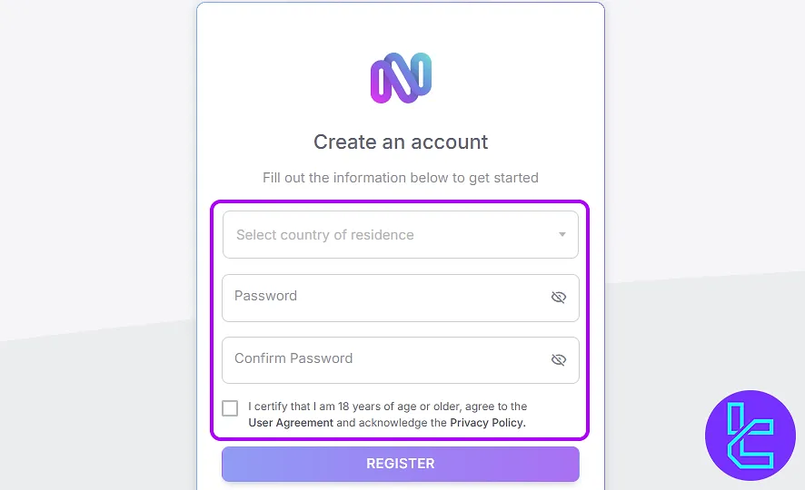 Nostro account setup country selection and password form