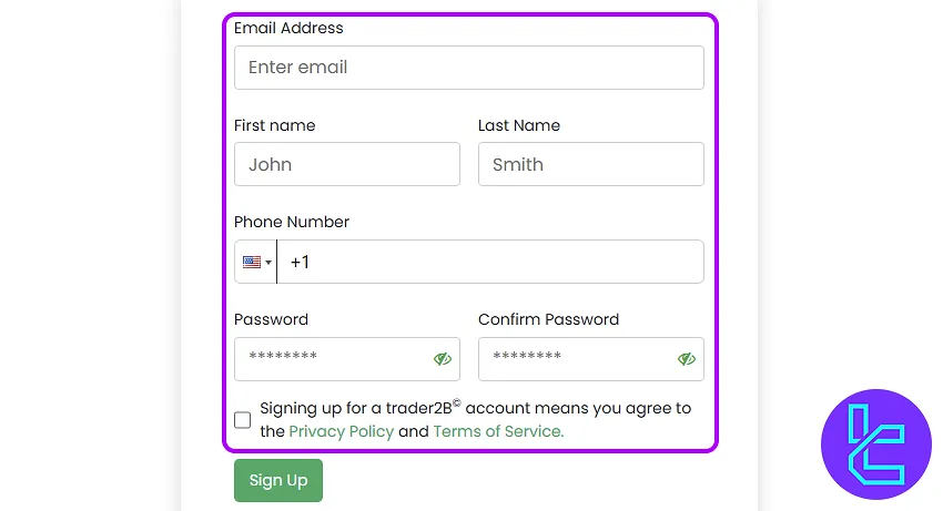 Personal Information Form on Trader2B account setup