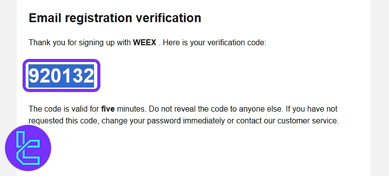 Weex email with a 6-digit verification code in the account setup process
