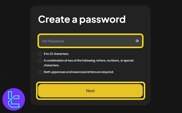 Password creation step for the Weex account setup process