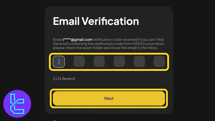Verification code entry screen in the Weex account creation process