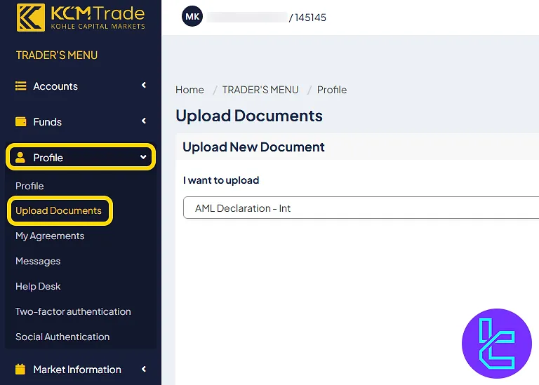 KCM Trade Profile menu and upload section for starting identity confirmation