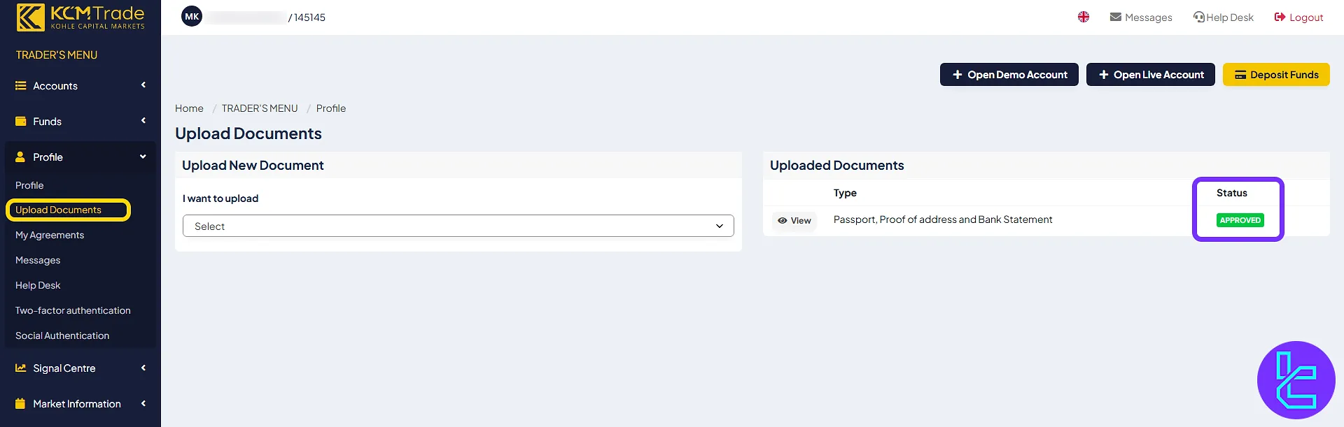 KCM Trade document review status displayed in the account dashboard
