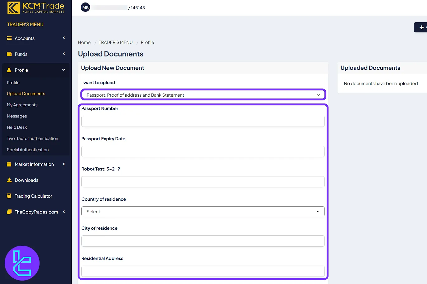 KCM Trade KYC form showing passport and address data entry fields