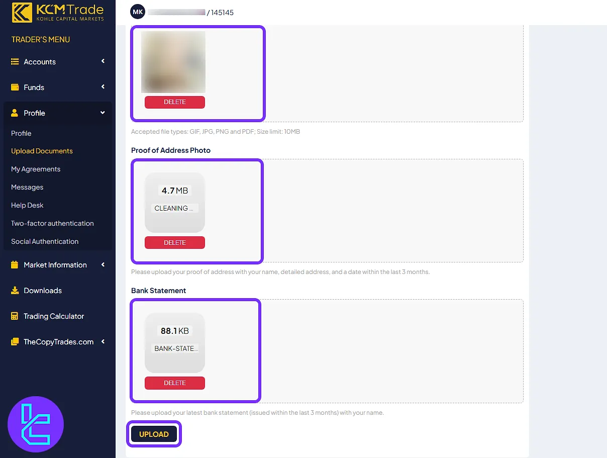 Uploading KCM Trade compliance documents, including ID and address proof