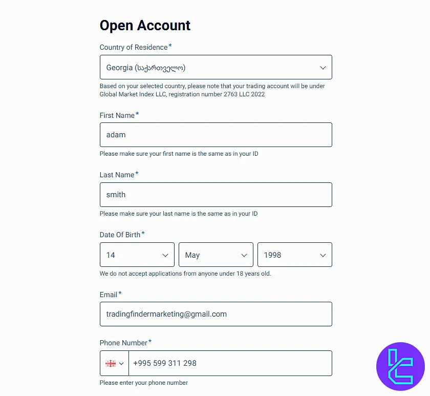 GMI Markets registration form