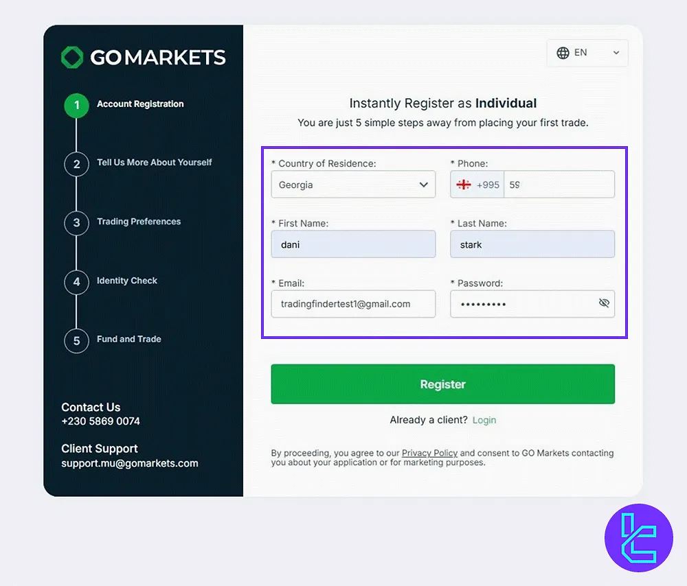 GO Markets sign up form