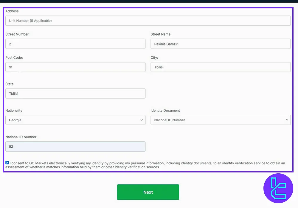GO Markets identity details