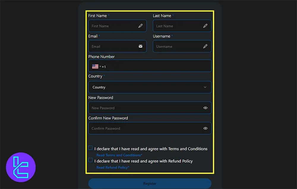 Personal details section on FX2 Funding registration form