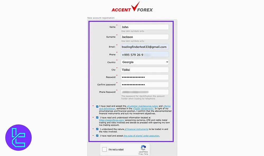 AccentForex broker registration form