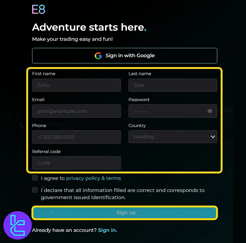 E8 Markets Signup Form