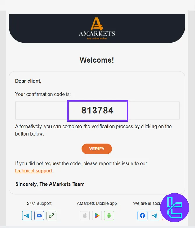 Confirmation code for Amarkets email verification