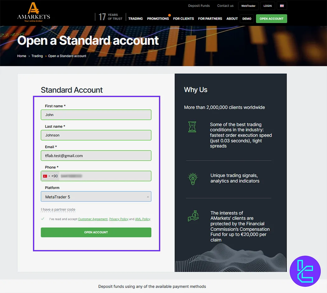 Amarkets registration form