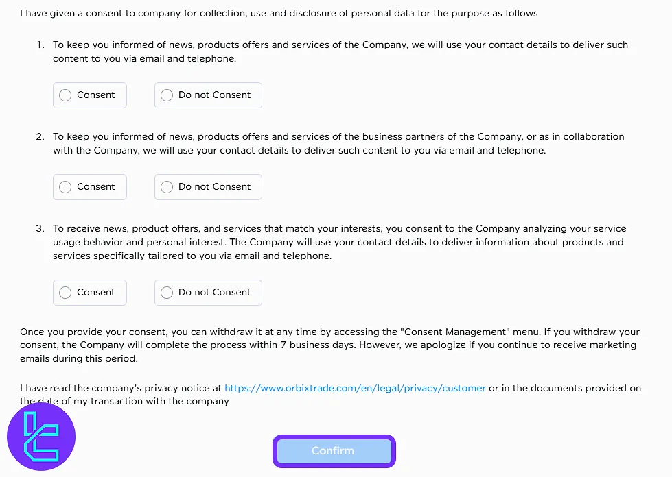 User agreement and data consent form in the Orbix sign-up process
