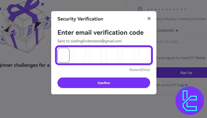 FameEX code entry field for email verification to complete the registration